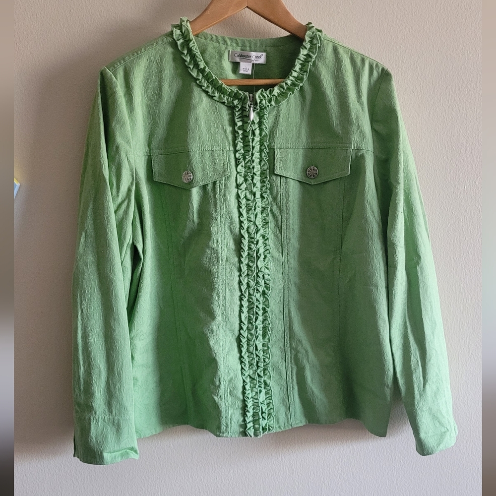 Coldwater Creek lightweight ruffle trim jacket Women's large green